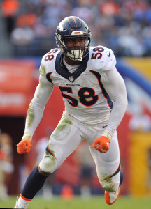 Dec 6, 2015; San Diego, CA, USA; Denver Broncos outside linebacker Von Miller (58) defends during the second half of the game against the San Diego Chargers at Qualcomm Stadium. Denver won 17-3. Mandatory Credit: Orlando Ramirez-USA TODAY Sports