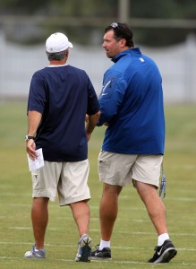 Jul 30, 2013; Indianapolis, IN, USA; Indianapolis Colts coach Chuck Pagano (left) talks to team president Ryan Grigson during training camp at Anderson University. Mandatory Credit: Brian Spurlock-USA TODAY Sports