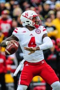 Nov 25, 2016; Iowa City, IA, USA; Nebraska Cornhuskers quarterback Tommy Armstrong Jr. (4) throws a pass during the first quarter against the Iowa Hawkeyes at Kinnick Stadium. Mandatory Credit: Jeffrey Becker-USA TODAY Sports