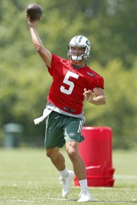 Jun 13, 2017; Florham Park, NJ, USA; New York Jets quarterback Christian Hackenberg (5) throws during mini camp at Atlantic Health Jets Training Center. Mandatory Credit: Adam Hunger-USA TODAY Sports